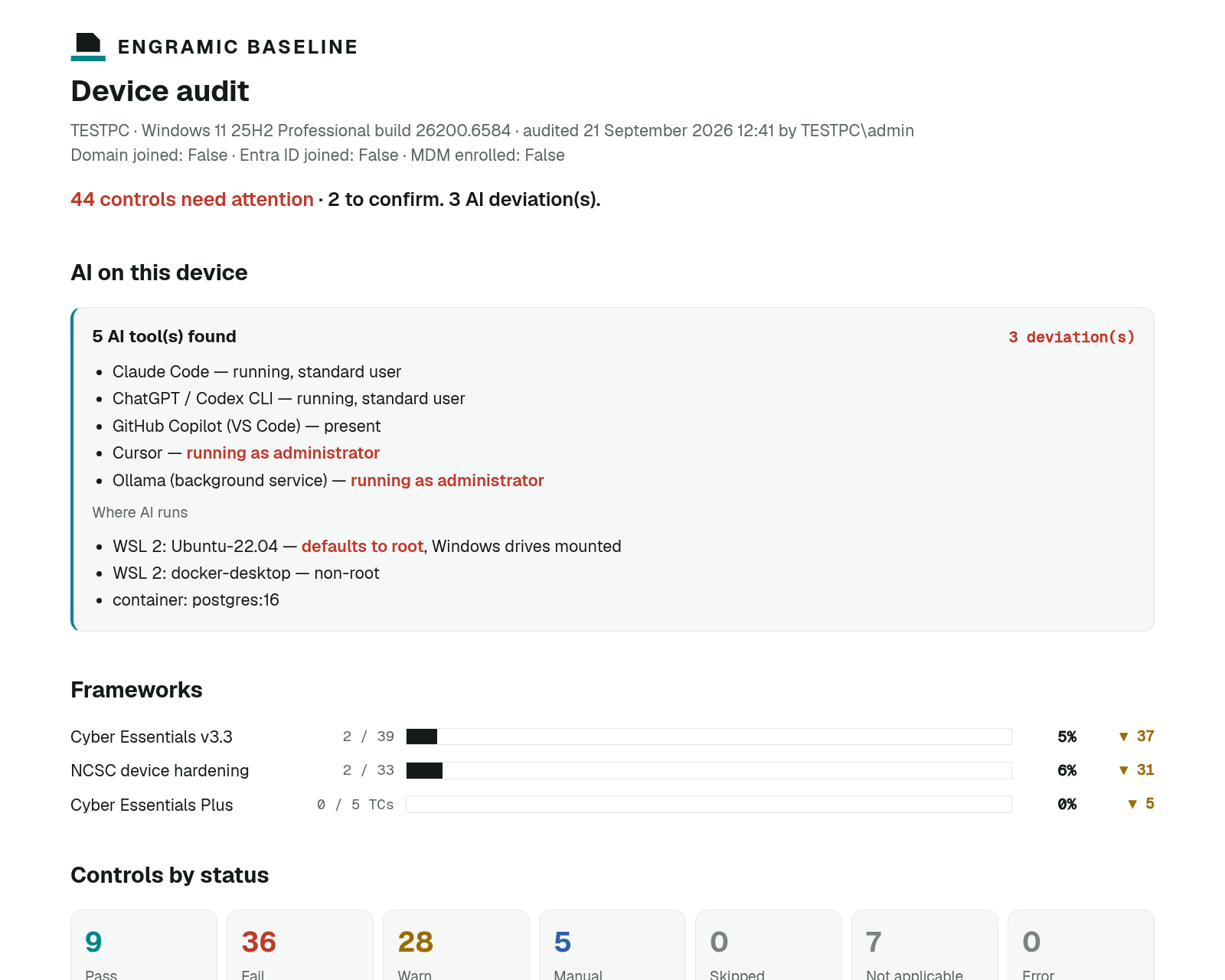 Engramic Engramic Baseline device audit report showing controls that need attention, AI tools found on the device, and progress against Cyber Essentials and NCSC guidance